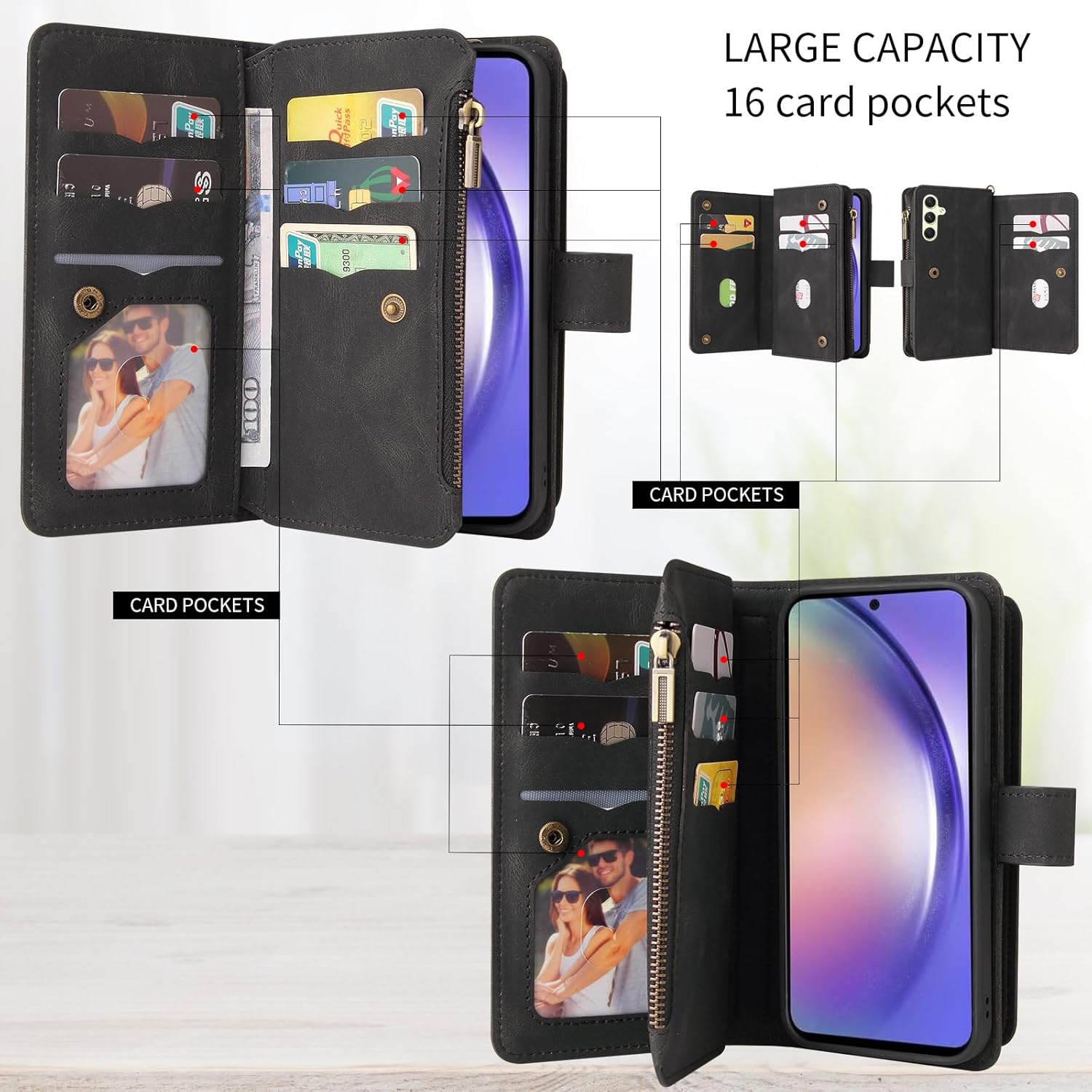 Asuwish Funda de teléfono para Samsung Galaxy A54 5G Funda tipo cartera con protector de pantalla de vidrio templado y correa para la muñeca de