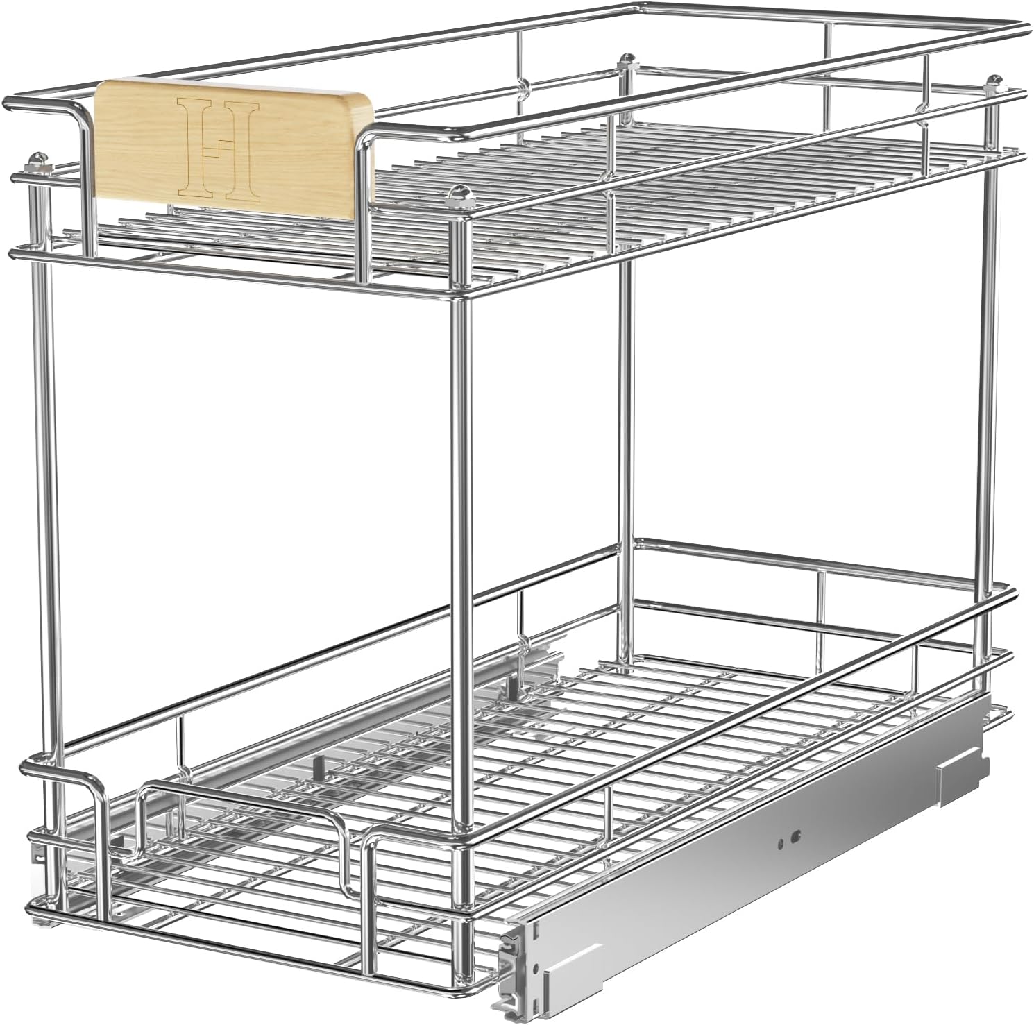 ROOMTEC Organizador de gabinete extraíble con mango de madera, 10 pulgadas de ancho x 21 pulgadas de profundidad, 2 niveles, cajones extraíbles para