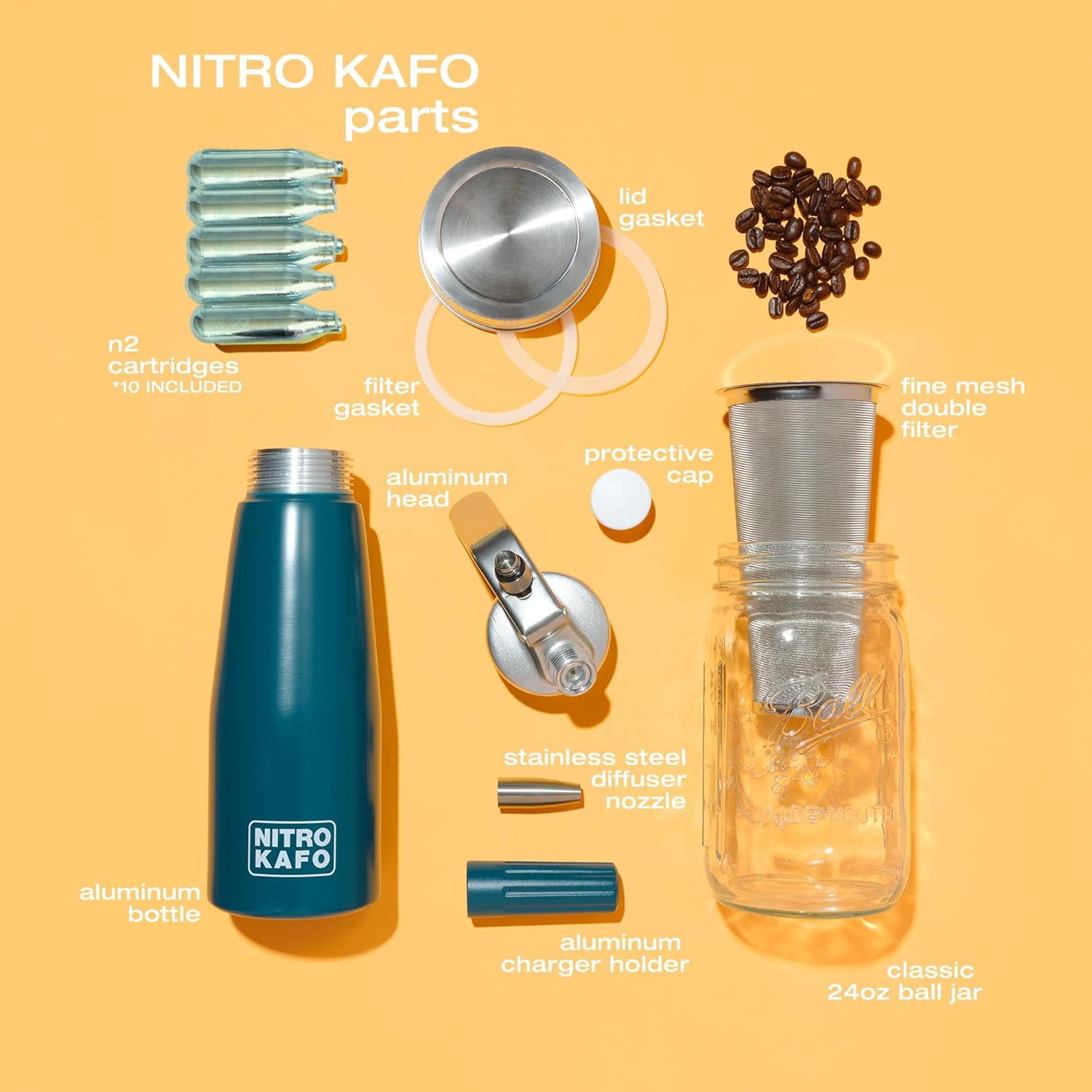 NITRO KAFO – Cafetera Nitro de 0.5 L, cafetera nitro de aluminio con boquilla especial de difusor de nitro y cafetera fría con tarro Mason de