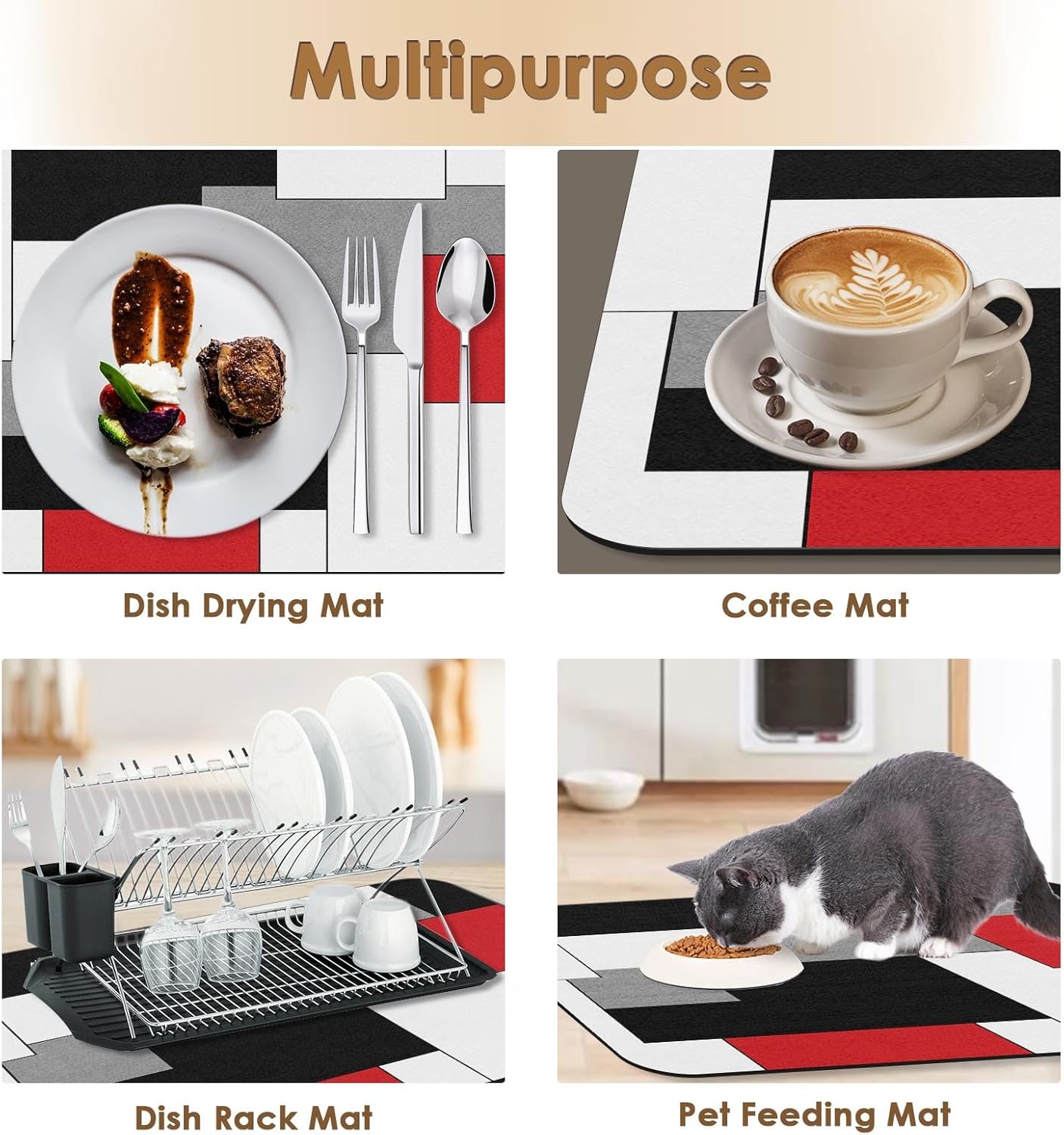Tapete de café para encimeras, rojo, negro, blanco, gris, tapete moderno de secado de platos, 2 piezas para accesorios de cocina, cafetería, bar,