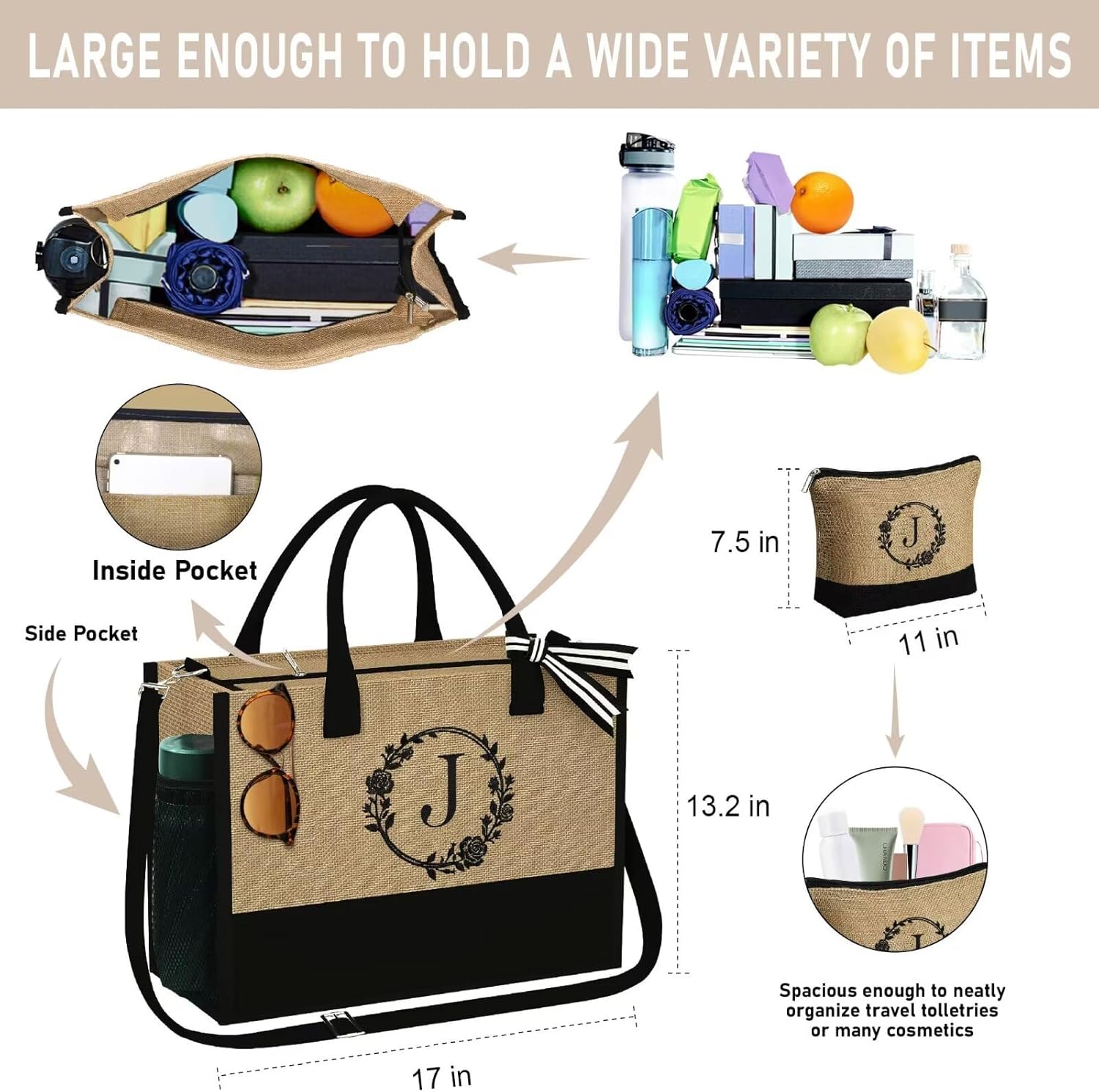 Bolsa de yute con inicial, bolsa de maquillaje con cremallera y correa ajustable, regalos personalizados para mujeres y cumpleaños