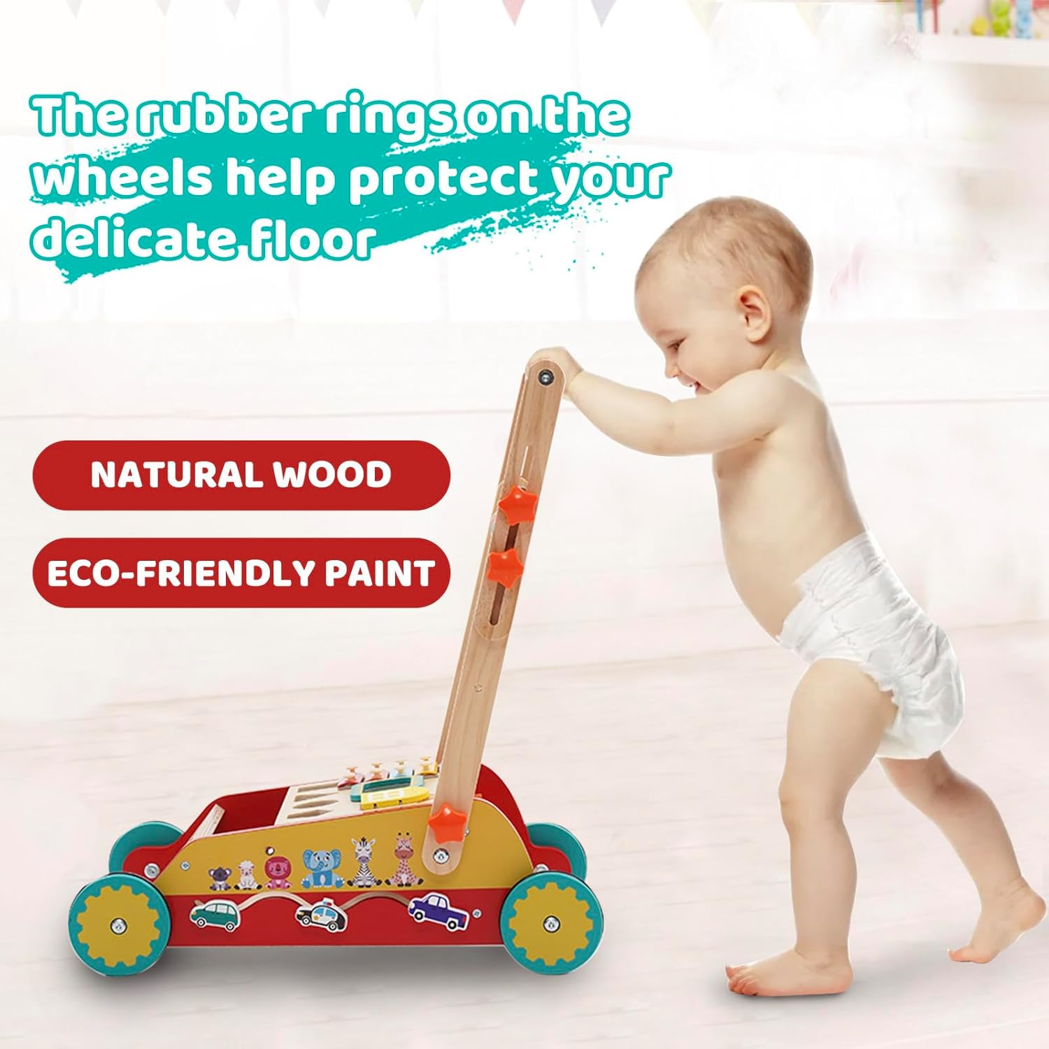 Andador de madera para bebés con centro de actividades de entretenimiento múltiple, caminadores de aprendizaje sentado a pie para niños de 9 meses y