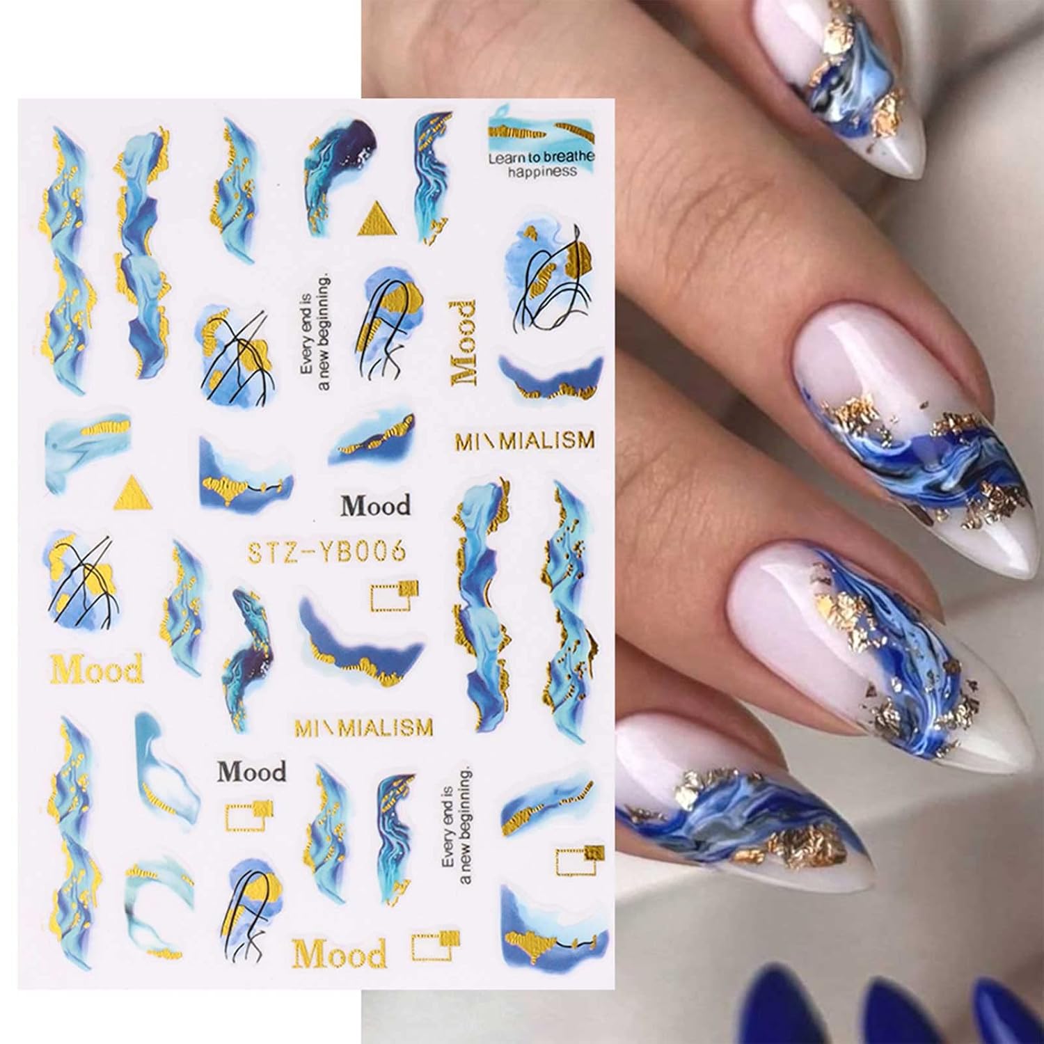 12 hojas de calcomanías de arte de uñas de mármol, calcomanías autoadhesivas para uñas, línea azul francesa, suministros de uñas, diseño de uñas,