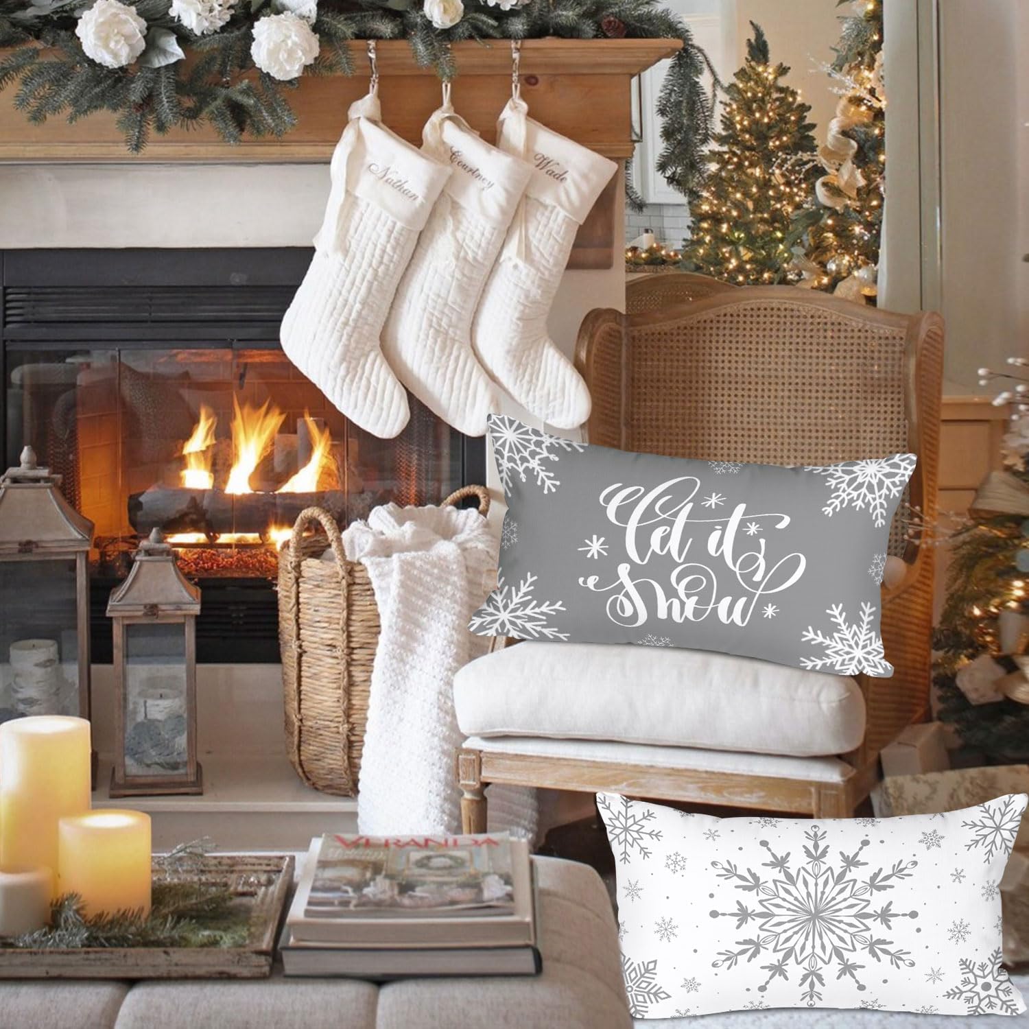 Lanpn Juego de 4 fundas de almohada lumbares de Navidad blancas y grises de 14 x 24 pulgadas, fundas decorativas de cojín de Navidad largas con