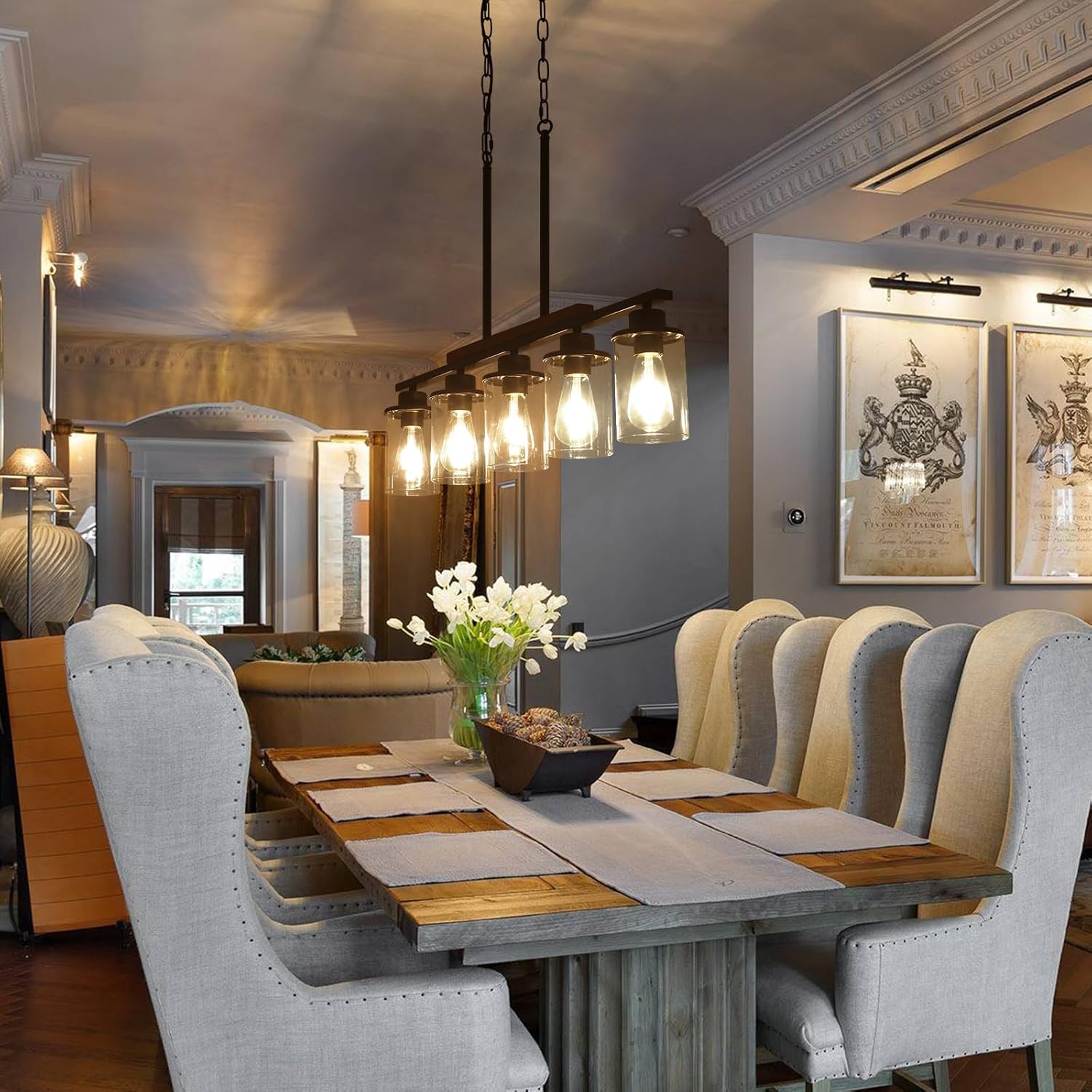 Kitchen Island Lighting – Lámparas de comedor de 5 luces sobre mesa, candelabros negros de granja para comedor con pantalla de vidrio transparente y