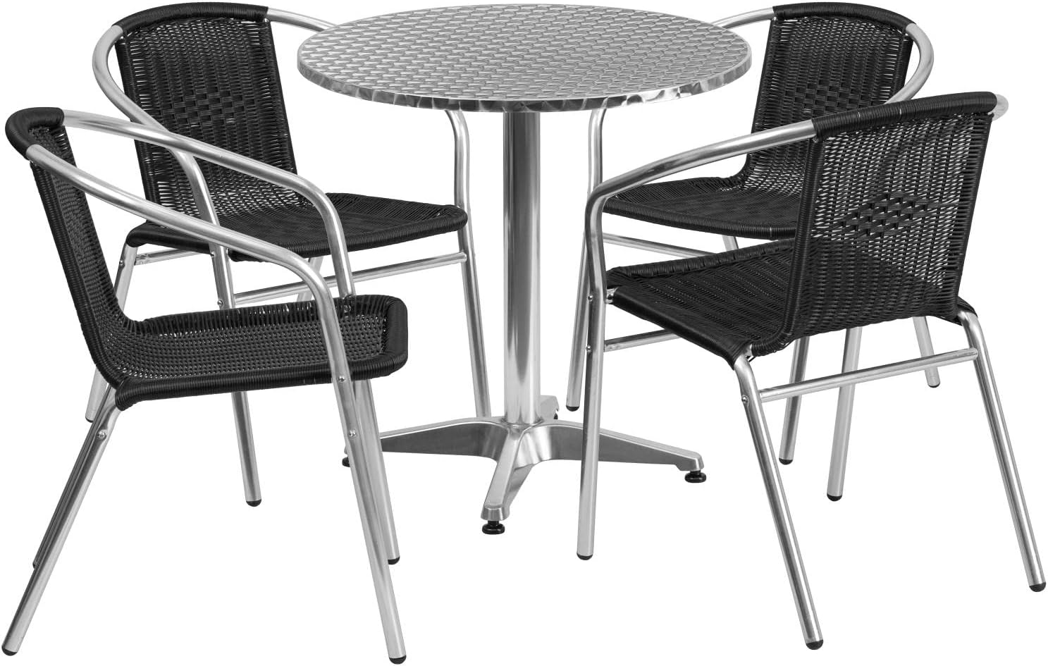 Mesa redonda de aluminio de 27.6in para interior y exterior con 4 sillas de ratán negro