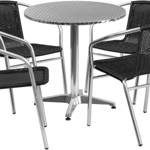 Mesa redonda de aluminio de 27.6in para interior y exterior con 4 sillas de ratán negro Mesa redonda de aluminio de 27.6in para interior y exterior con 4 sillas de ratán negro