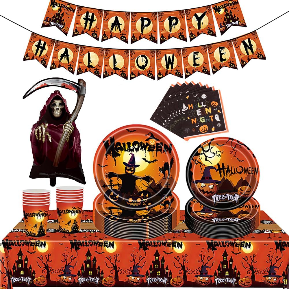 Juego de vajilla de 131 piezas para fiesta de Halloween, decoración de fiesta temática de Halloween, platos desechables de Halloween, servilletas,