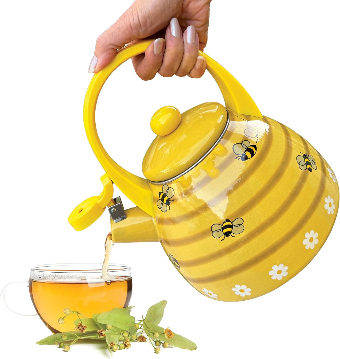 Trenton Gifts Bee Hive Design – Hervidor de té esmaltado, tetera silbante, accesorios de cocina lindos, 2.3 cuartos de galón