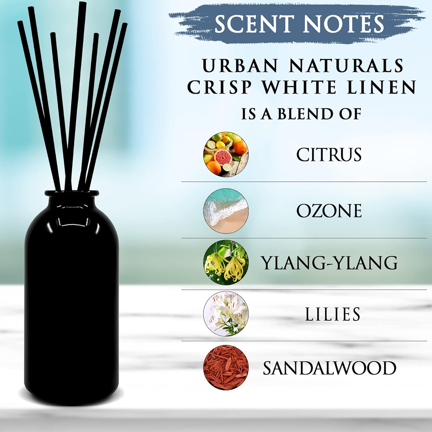 Urban Naturals Crisp White Linen Reed Diffuser Gift Set  with Citrus, Ozone, Ylang-Ylang, Lilies & Sandalwood Notes for a Fresh, Clean Cotton