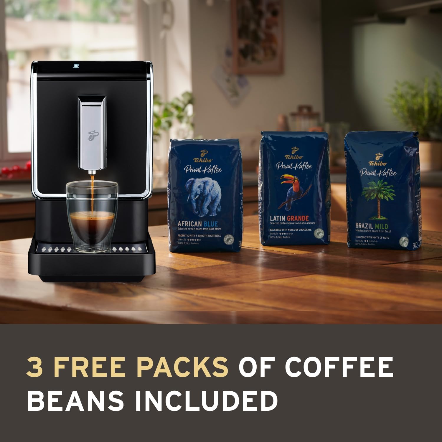 Tchibo Cafetera de una sola porción, máquina automática de café expreso, molinillo integrado, no necesita cápsulas de café, viene con 3 bolsas de