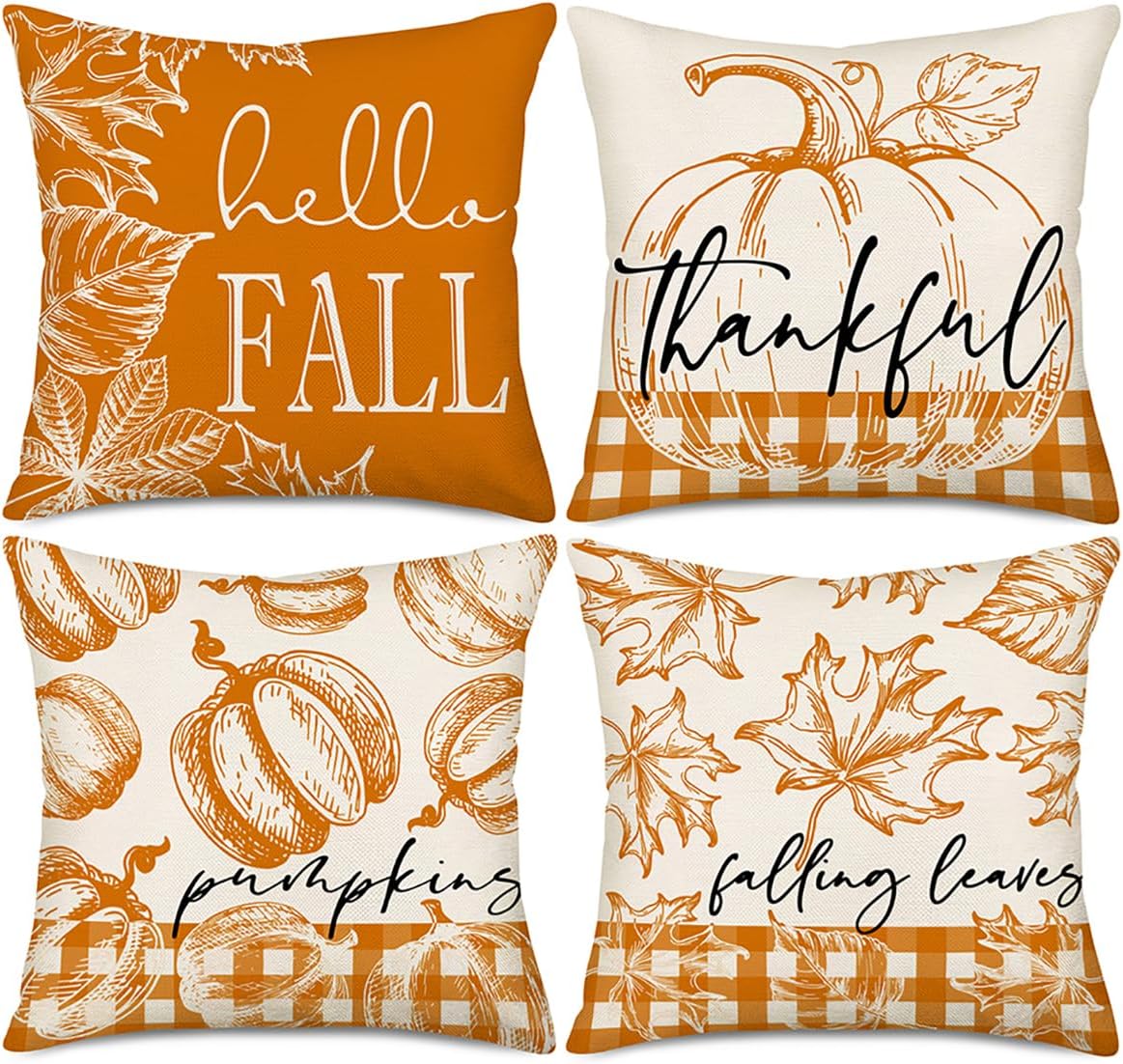 Hello Fall – Juego de 4 fundas de almohada de 24 x 24 pulgadas, color naranja, búfalo, calabaza, hojas de arce, cosecha, decoración al aire libre,