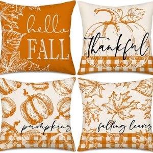 Hello Fall – Juego de 4 fundas de almohada de 24 x 24 pulgadas, color naranja, búfalo, calabaza, hojas de arce, cosecha, decoración al aire libre, Hello Fall – Juego de 4 fundas de almohada de 24 x 24 pulgadas, color naranja, búfalo, calabaza, hojas de arce, cosecha, decoración al aire libre,