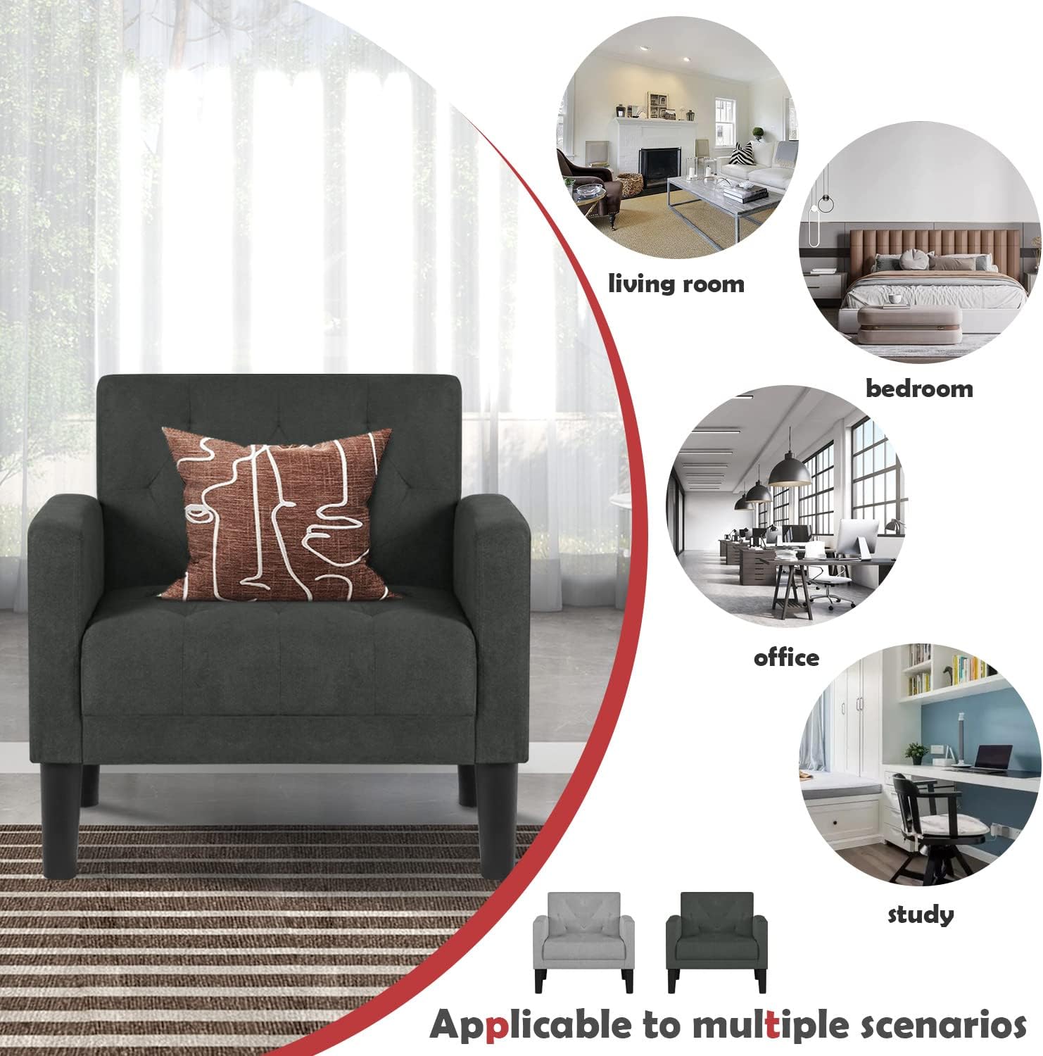 VAMEPOLE Silla decorativa, cómoda silla de sala de estar, acogedora silla decorativa copetuda moderna de mediados de siglo, silla tapizada con brazo