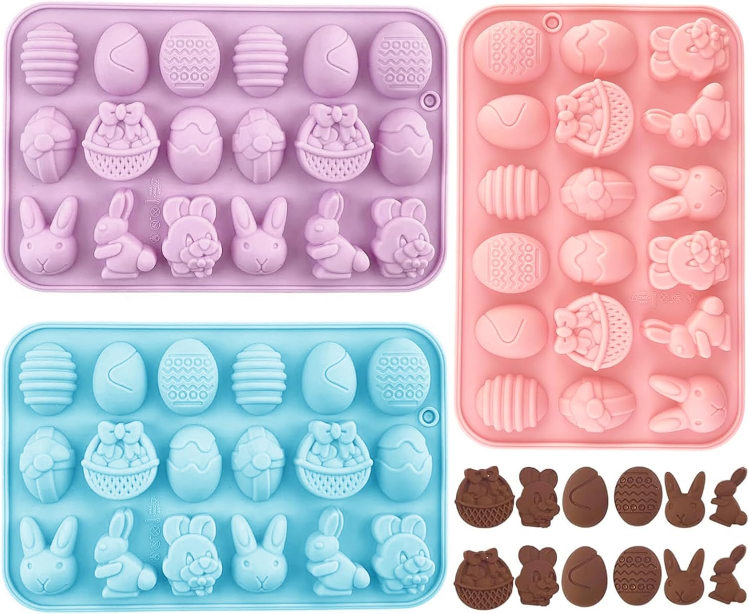 Moldes de chocolate de Pascua, 3 paquetes de moldes de silicona para huevos de Pascua, moldes de silicona para hornear no pegajosos de grado