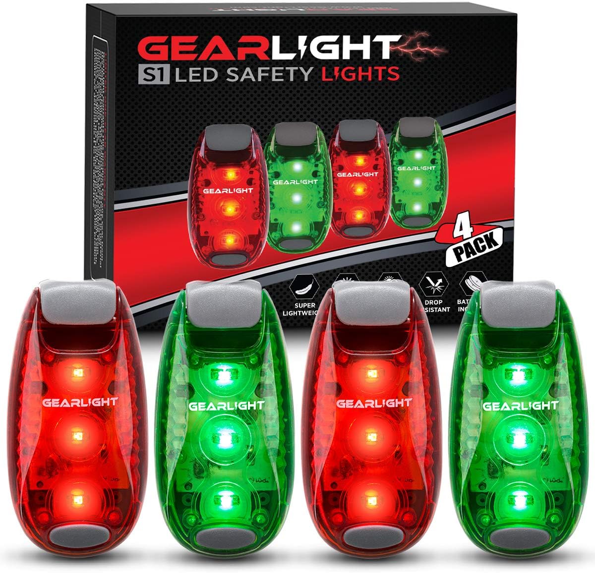 GearLight Luces LED de seguridad S1 (paquete de 4) para barco, kayak, bicicleta, collar de perro, cochecito, corredores y correr nocturno, con clip,