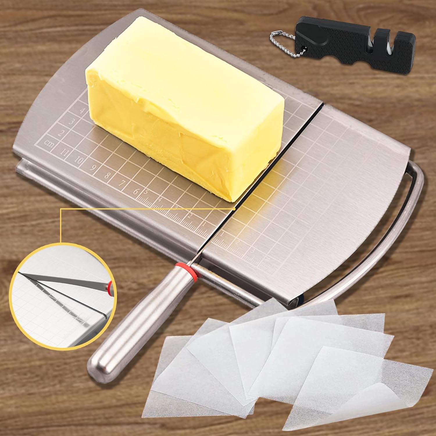 Cortador de queso con cuchilla, cortadores de queso para bloque de queso de acero inoxidable resistente a escala de tamaño preciso, cortador de