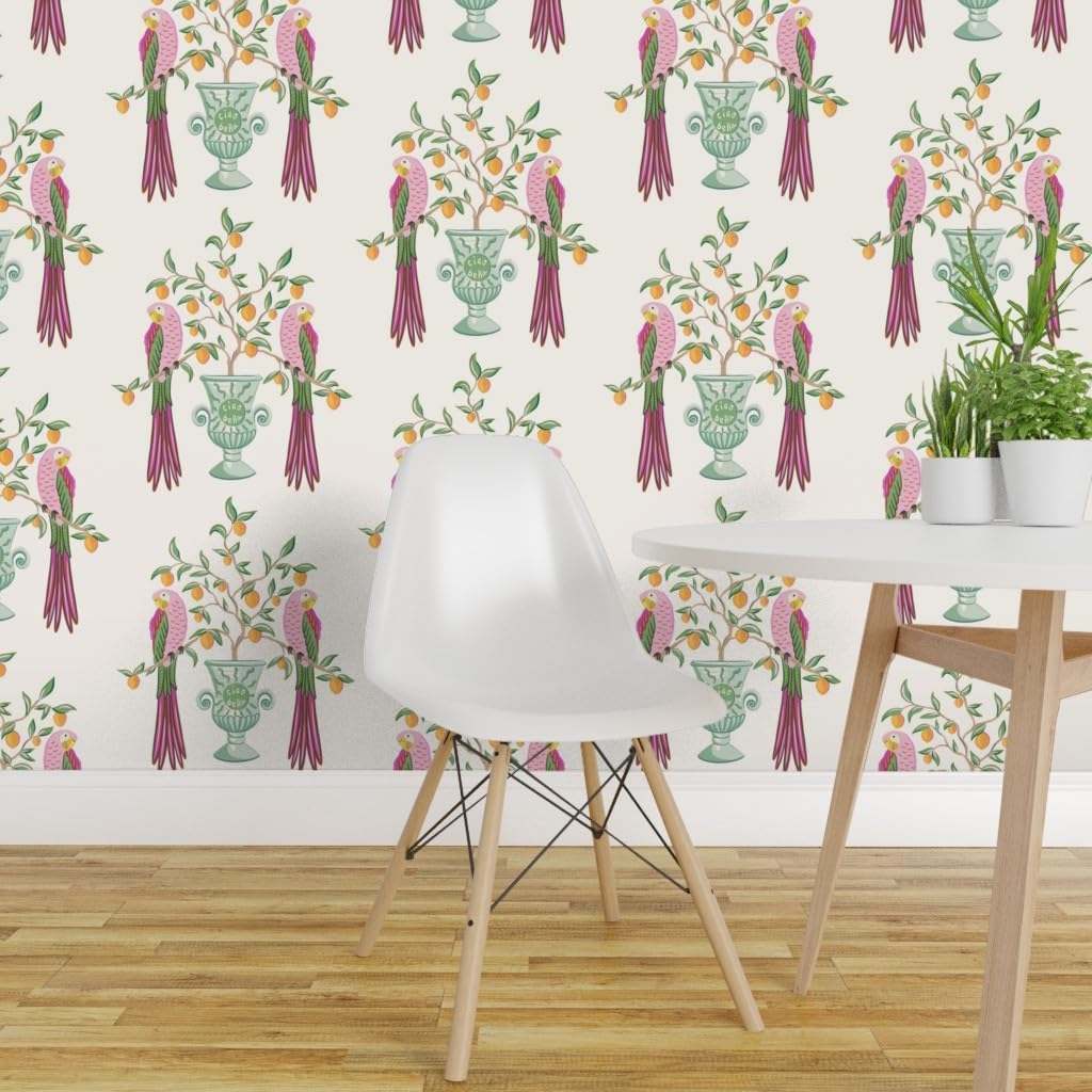 Spoonflower Muestro de papel tapiz extraíble  Pájaros botánicos Loro tropical Cítricos Floral Caprichoso vid Hojas Naranja Limón Italiano Papel