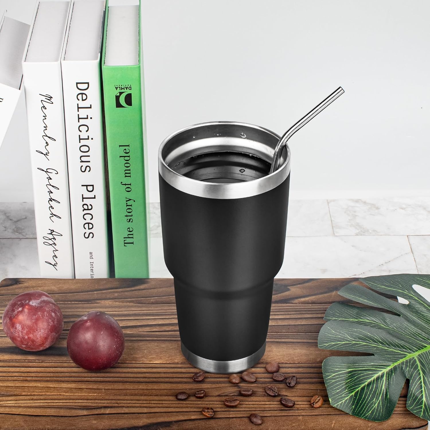 Vaso de 30 onzas con tapas y pajillas, vaso aislado al vacío de doble pared, de acero inoxidable, a prueba de fugas, con recubrimiento en polvo,