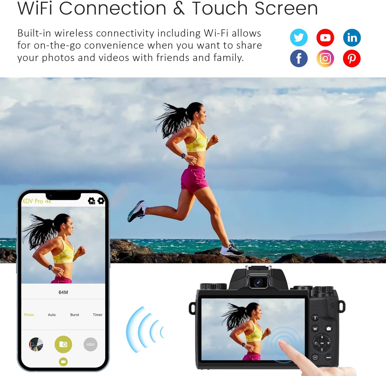 Saneen Cámara digital, cámaras 4K para fotografía y video, cámara de vlogging con pantalla táctil WiFi de 64 MP para YouTube con Flash, tarjeta SD