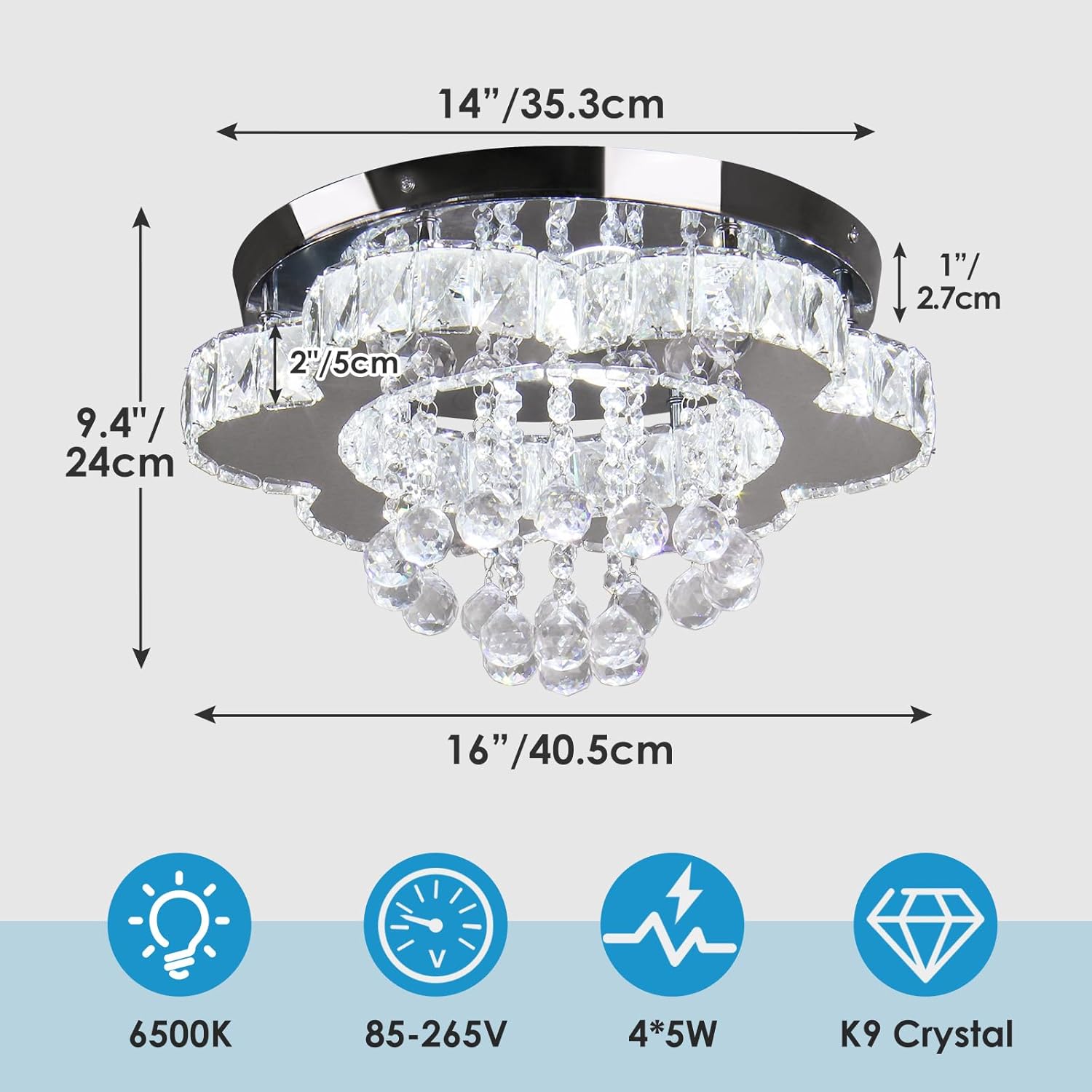 Finktonglan Candelabro LED de cristal moderno de 16 pulgadas, lámpara de techo de montaje empotrado, lámpara de comedor de flores para sala de