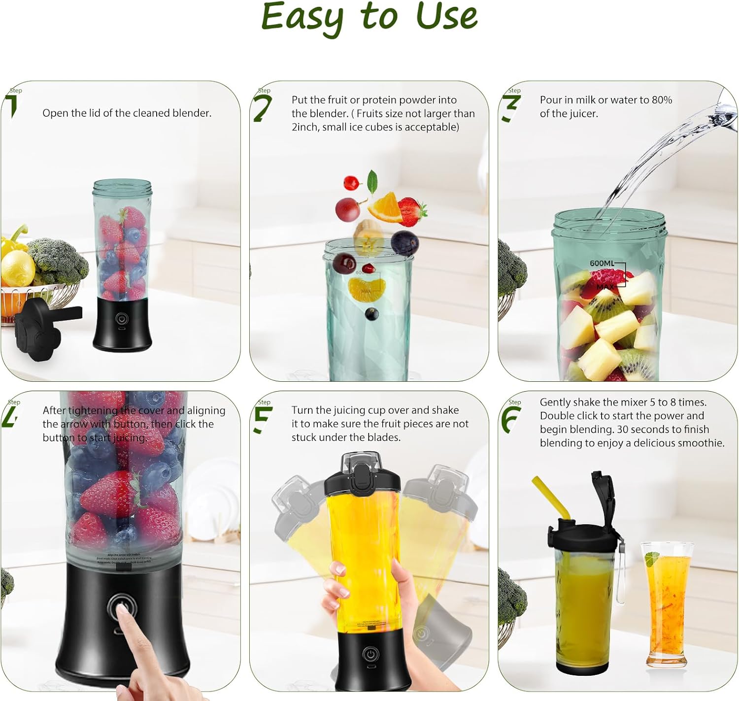 Licuadora portátil, licuadora personal para batidos y batidos, mini licuadora con 6 cuchillas recargable por USB, tazas para llevar de 20 onzas y