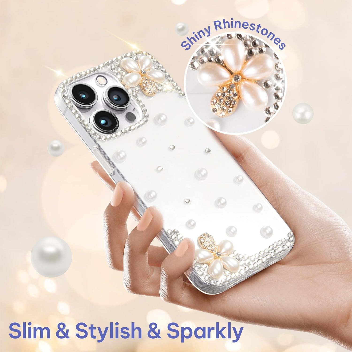 LOHASIC Funda para iPhone 15 Pro Max, diseño de flores transparentes con purpurina para niñas y mujeres, funda protectora de diamantes de cristal