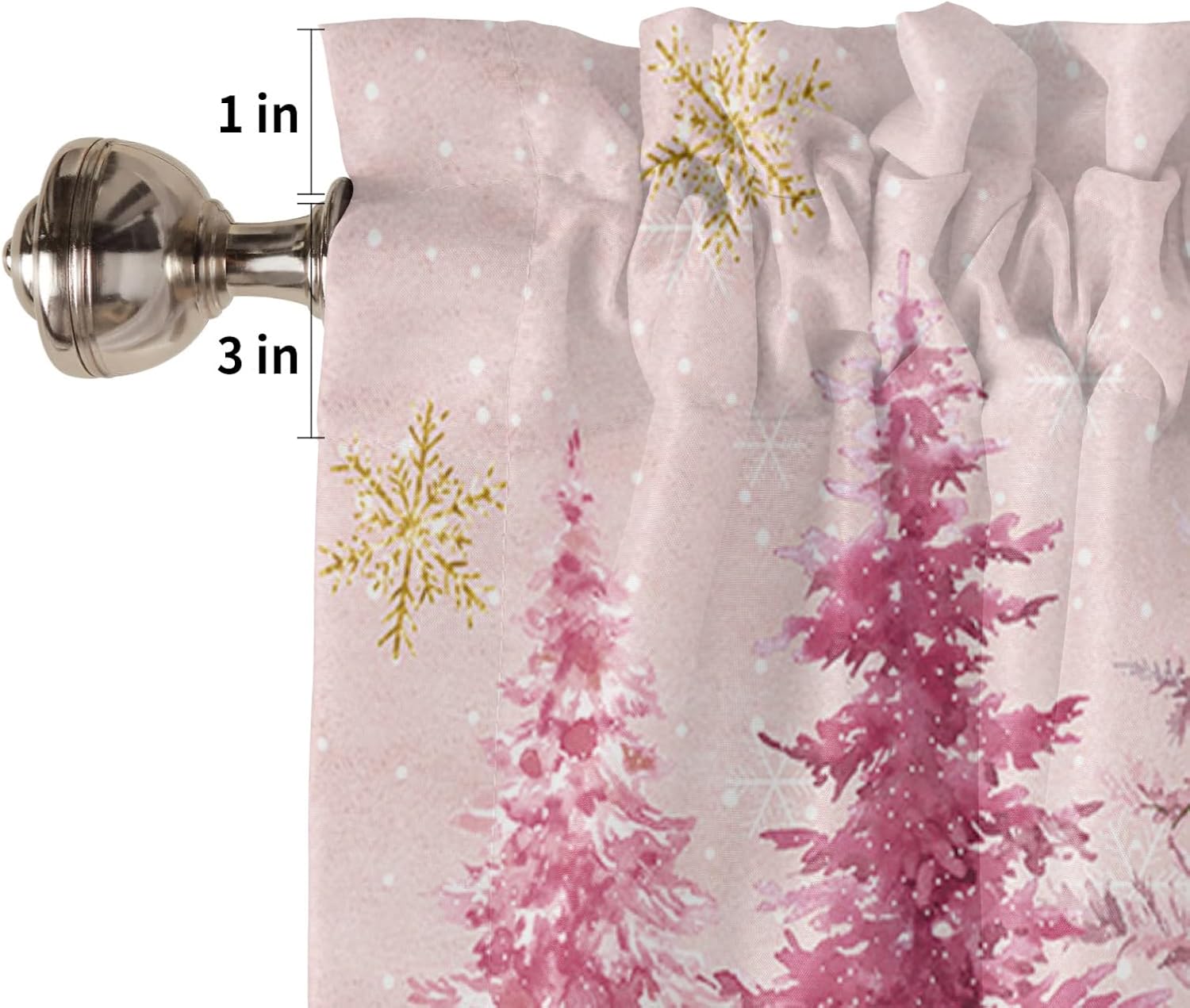 Cortinas de árbol de Navidad rosas para ventanas de sala de estar, cortinas de copo de nieve de invierno y cenefas para dormitorio, cortinas de