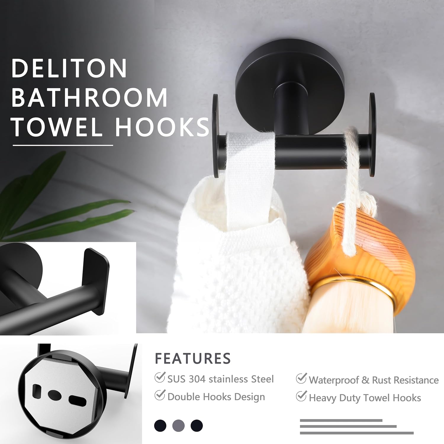 DELITON Ganchos para toallas de baño montados en la pared, gancho de doble pared resistente para colgar abrigos, batas, ropa, acero inoxidable,