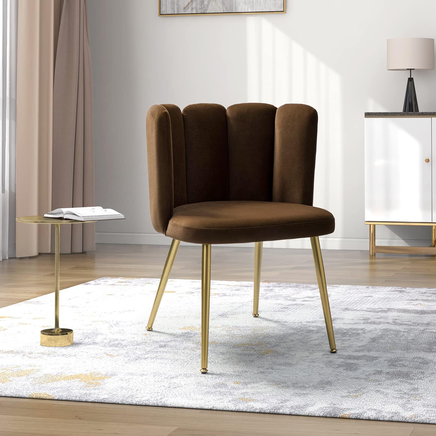 HULALA HOME Silla de comedor de terciopelo moderna con respaldo de concha y patas de metal dorado, cómoda silla tapizada para sala de estar,