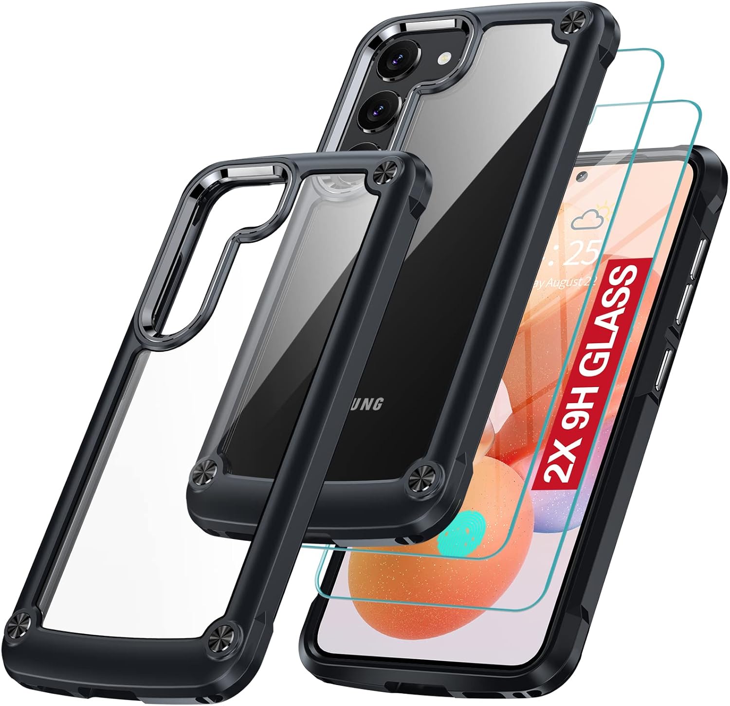 Oterkin Funda transparente para Samsung Galaxy S23 Plus, 20X antiamarilleamiento S23 Plus con 2 protectores de pantalla de vidrio templado, 4 bolsas