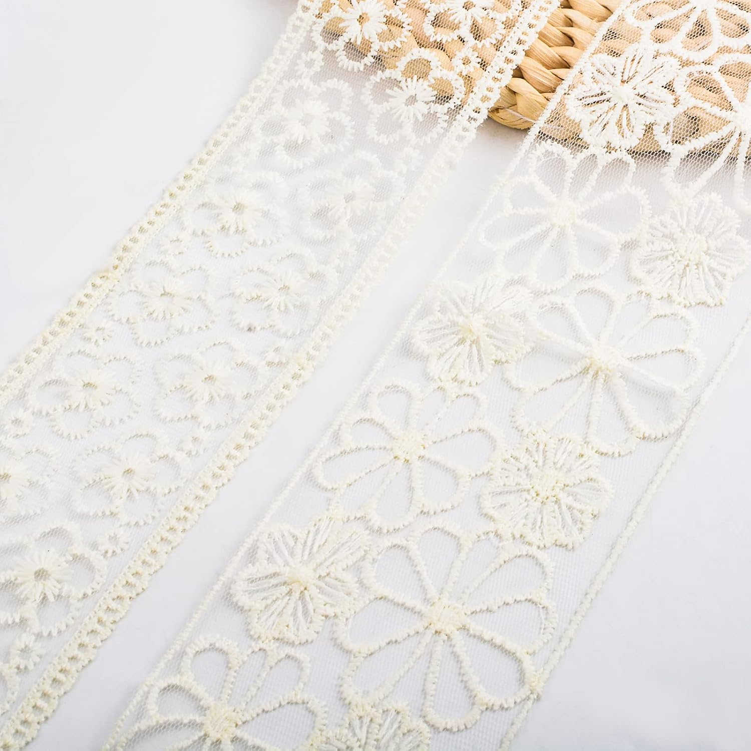 URROMA Cinta bordada beige, 2 estilos con patrón floral de malla de encaje, apliques de costura para ropa, cortinas, decoración de caminos de mesa,