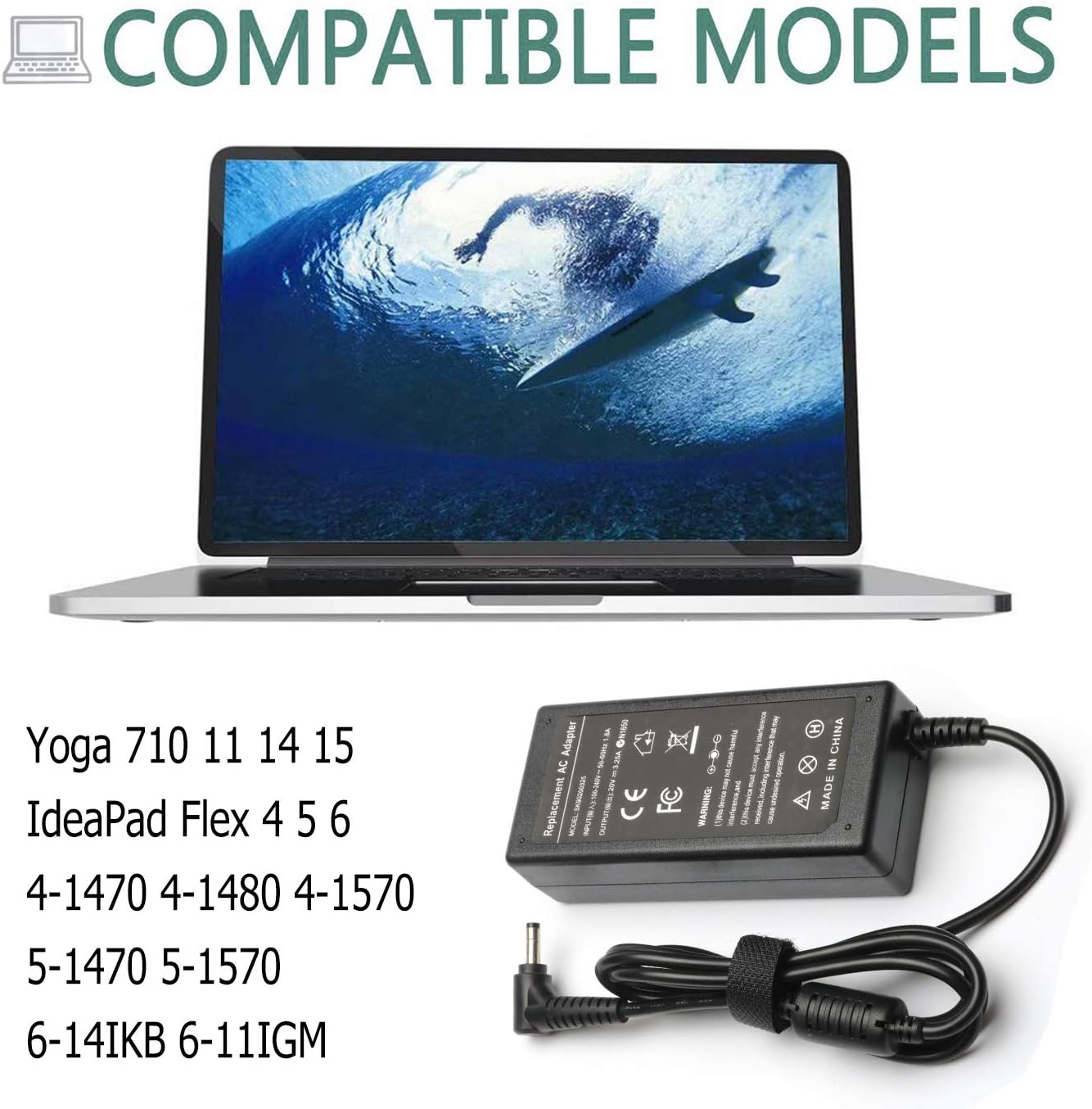 Cargador de CA de 65 W y 45 W para Lenovo IdeaPad 100S 110 110S 120 120S 310 320 330S S340 510 710S, Flex 4 1470 1580 1130 Flex 5 1570 1470 ADL45WCC