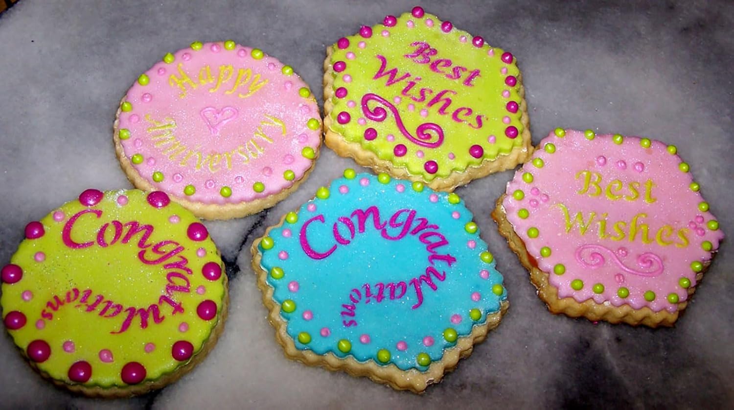 Designer Stencils Plantillas de dulces y galletas para ocasiones especiales (felicitaciones, mejores deseos, feliz cumpleaños y aniversario),