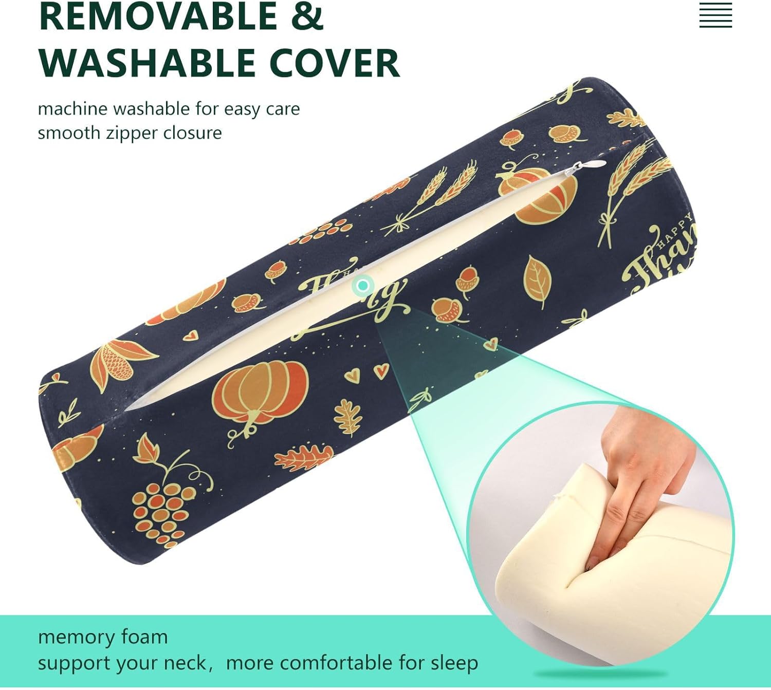 KLL Happy Autumn and Thanks Giving Yoga Bolster Pillow Neck Roll Pillows for Pain Relief Sofa Round Pillows Long Cylinder Pillow Neck Support