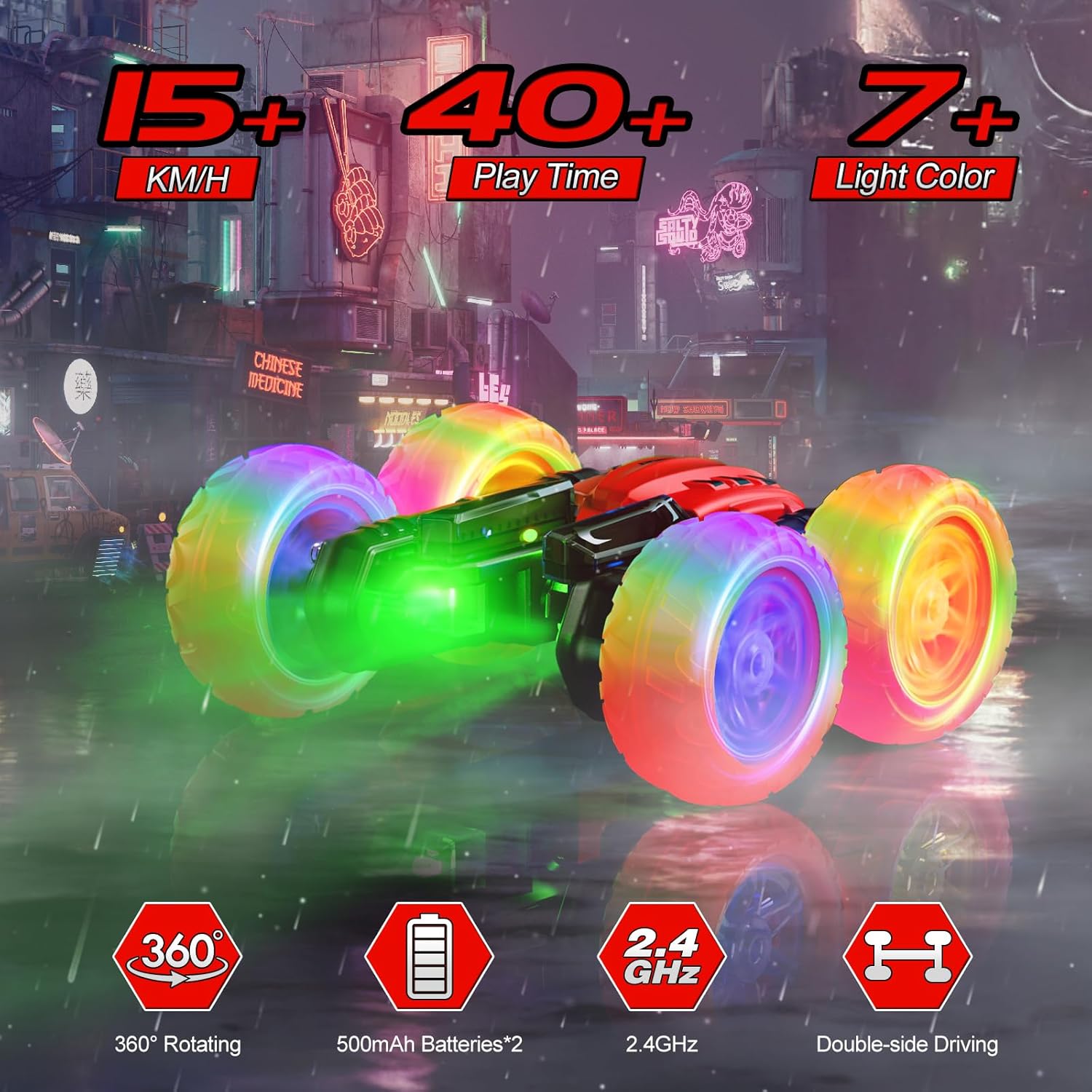 Coche de control remoto, auto de carreras RC giratorio de 360 con luz para la rueda de los faros, rollo de doble cara de 2.4Ghz 4WD Rock Crawler,