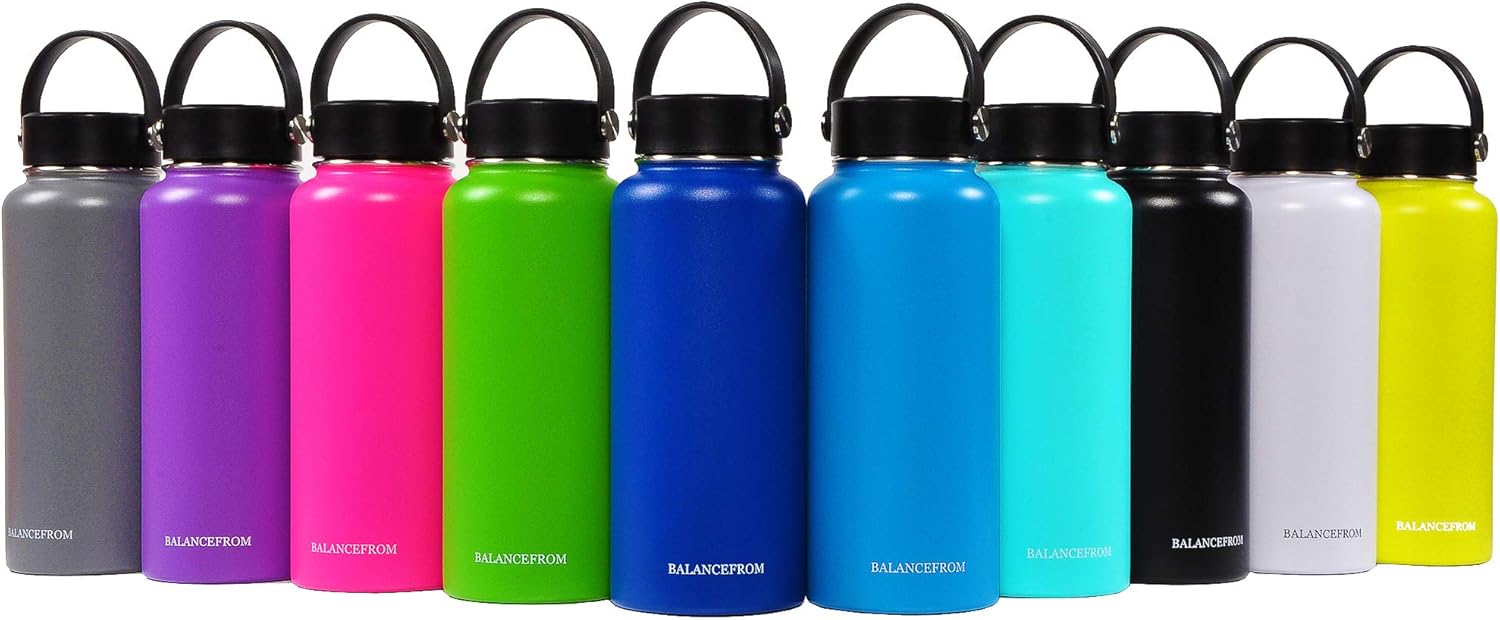 Signature Fitness Botella de agua de acero inoxidable con aislamiento al vacío de doble pared, 3 tapas incluidas, varios colores y tamaños