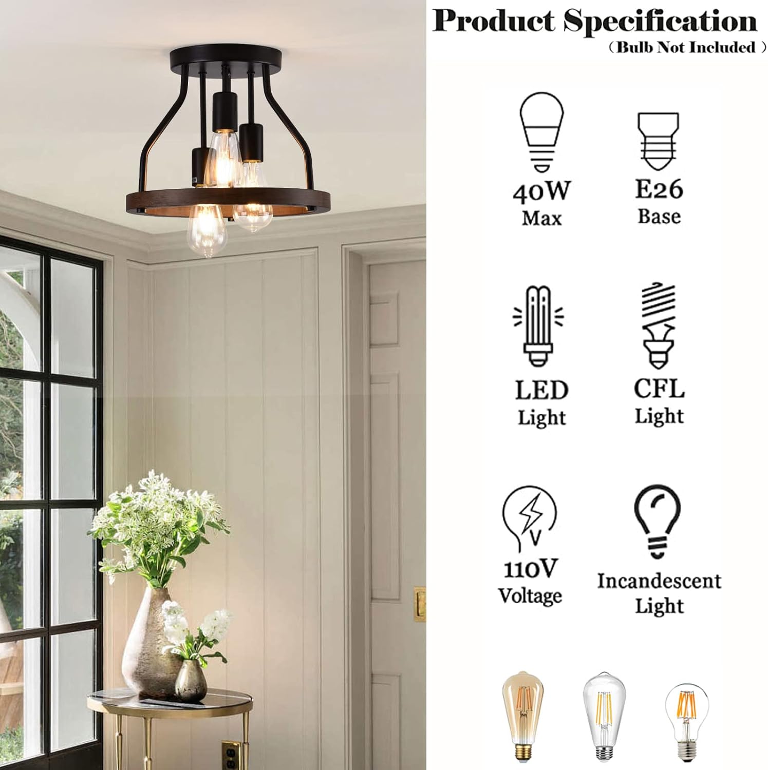 Lámpara de techo empotrada de 3 luces, marco de madera + pantalla de metal negro, lámpara de techo rústica para cocina, comedor, pasillo,
