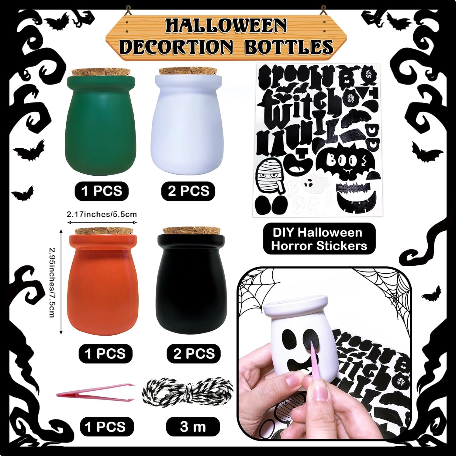 Decoraciones de Halloween para interiores, 6 botellas de poción para decoración de Halloween, mini tarros de Halloween con fantasma, murciélago,