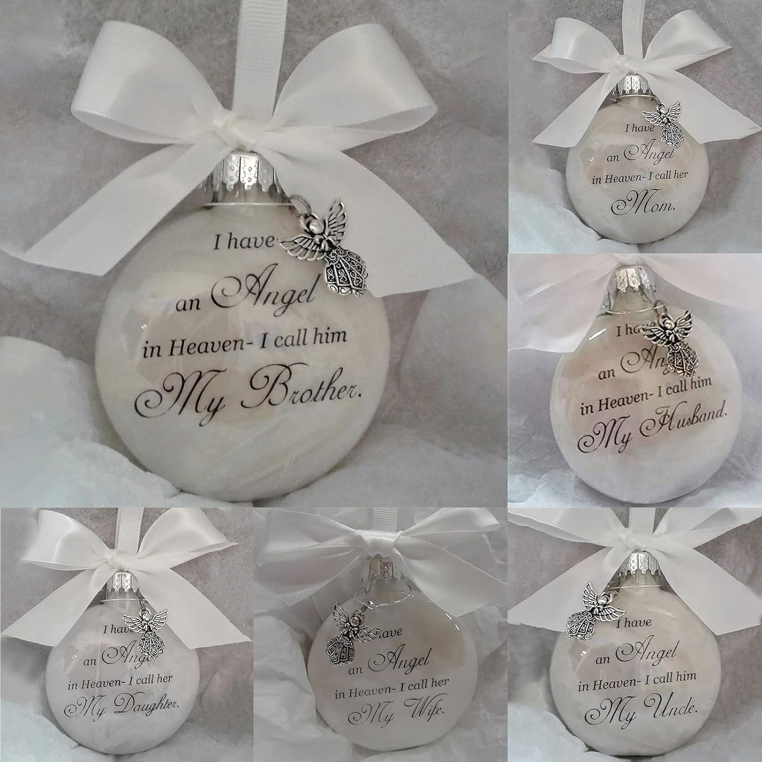 Adornos conmemorativos de Navidad, bola de plumas con texto en inglés “I Have an Angel in Heaven” con un pequeño ángel de Navidad, adorno de Navidad