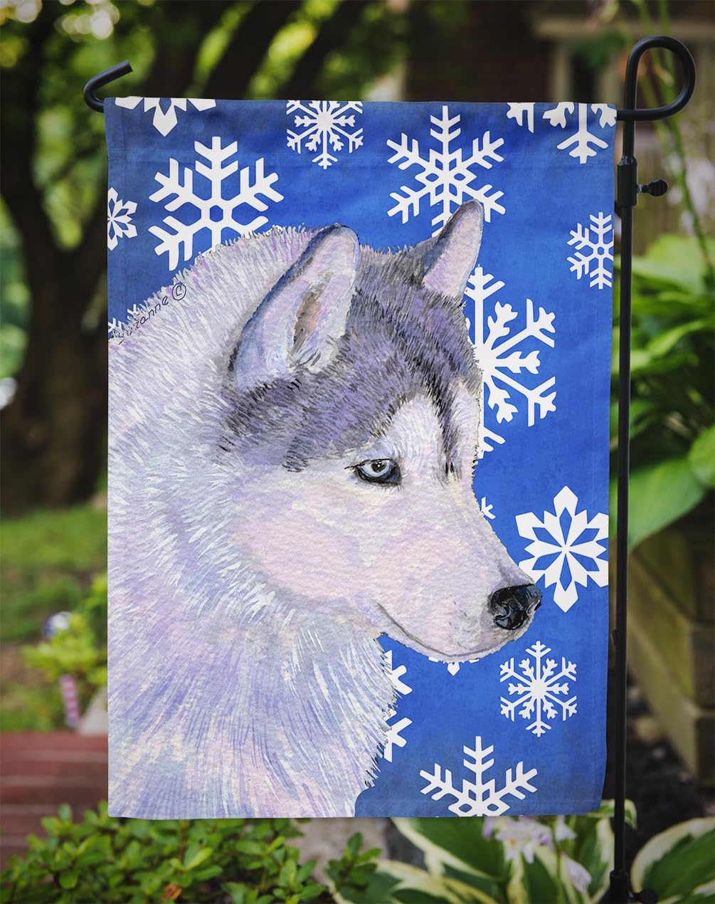 Caroline’s Treasures SS4602GF Bandera de jardín con diseño de copos de nieve de invierno de Husky siberiano, bandera decorativa para patio exterior,