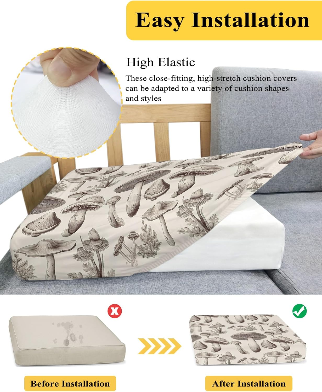 Fundas de cojín para sofá, fundas elásticas para sofá, diseño vintage de hongos y hojas, fundas protectoras de muebles para perros y mascotas, S, 1