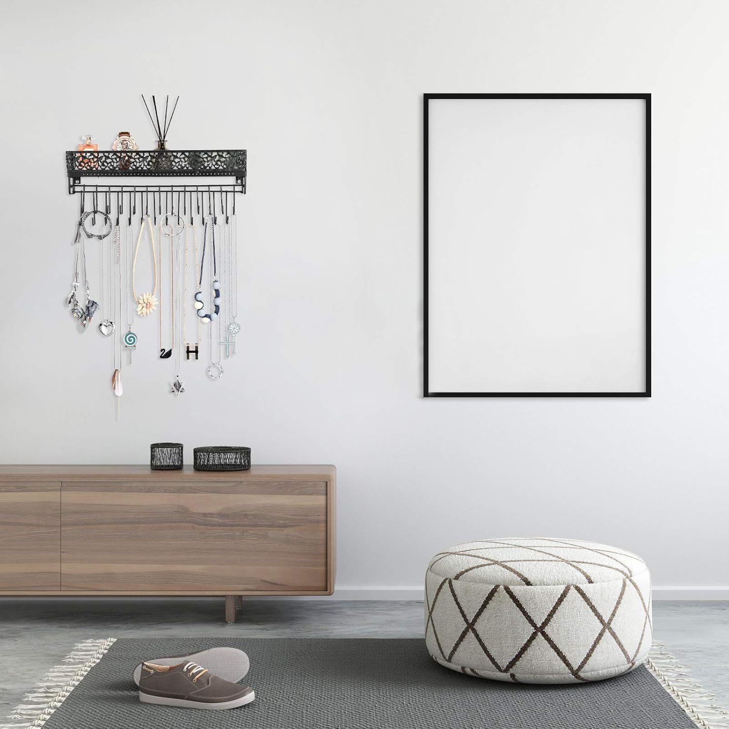 Urban Deco Organizador de joyas montado en la pared  Soporte rectangular colgante para joyas con estante organizador de collar de pared  Estante de