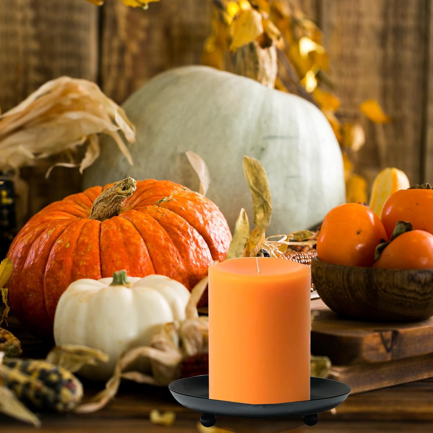 Juego de 3 portavelas de pilar para velas de pilar, platos y bandejas pequeños redondos de metal negro para centros de mesa de Navidad, Halloween