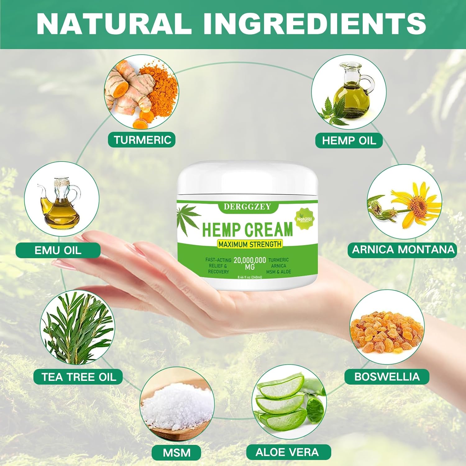 Derggzey Crema de cáñamo de 8.5 onzas líquidas, máxima fuerza, extracto de aceite de cáñamo natural con árnica, MSM, cúrcuma, aceite de emú, aloe