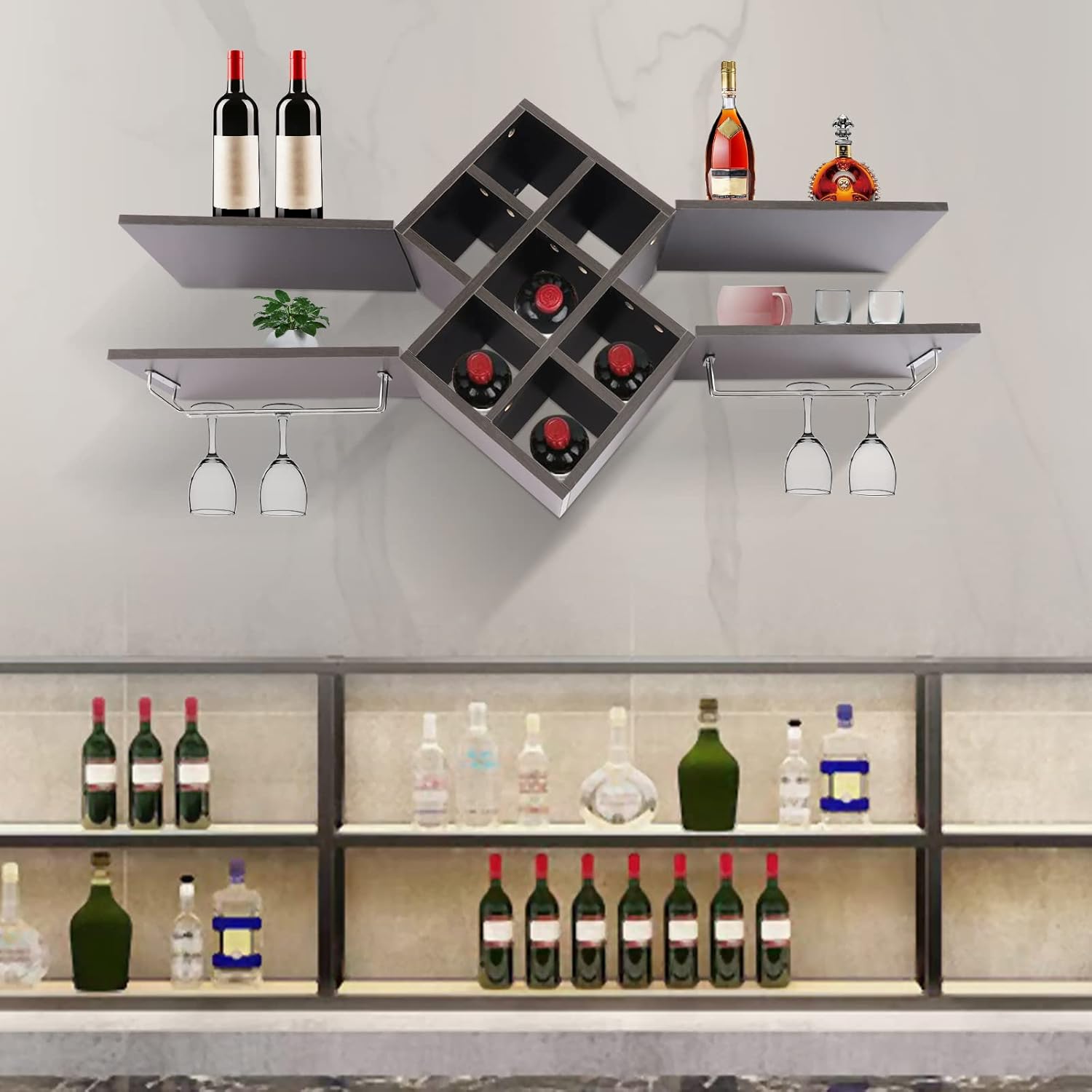 Estante de pared para vino, soporte para copas de vino, estante de vidrio multifuncional, estante de almacenamiento de vino para botellas de vino,