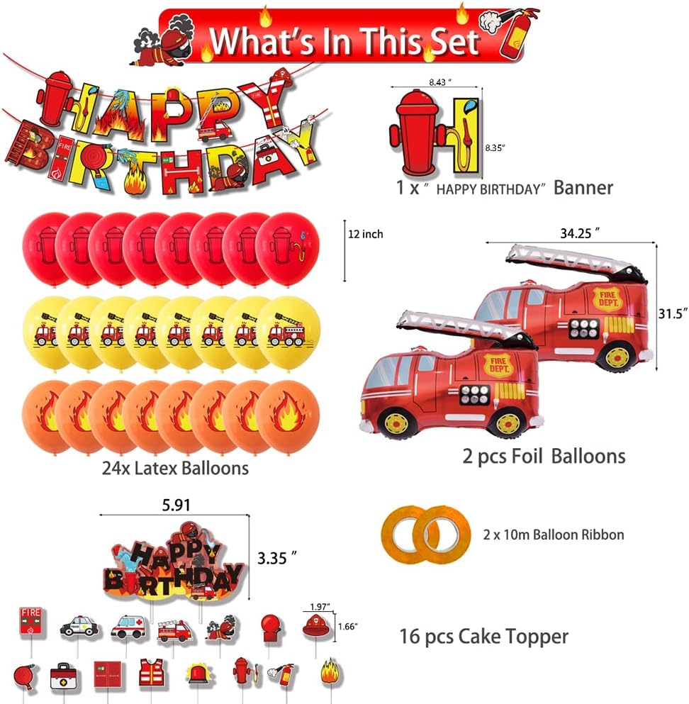 Suministros de fiesta de cumpleaños de camión de bomberos para niños y niñas, pancarta temática de feliz cumpleaños, globos de aluminio para