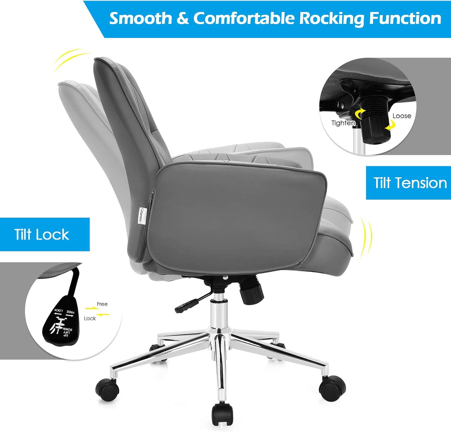 Giantex Silla de escritorio de oficina moderna, silla de acento ajustable de piel sintética con ruedas, silla de escritorio giratoria, silla de