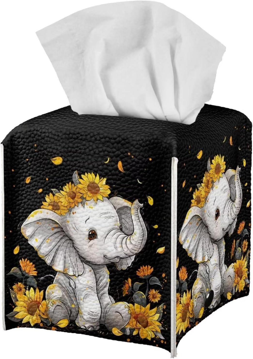 ZFRXIGN Funda cuadrada para caja de pañuelos de girasol y elefante, con cinturón inferior, pañuelos decorativos, cubierta de cubo para encimera de