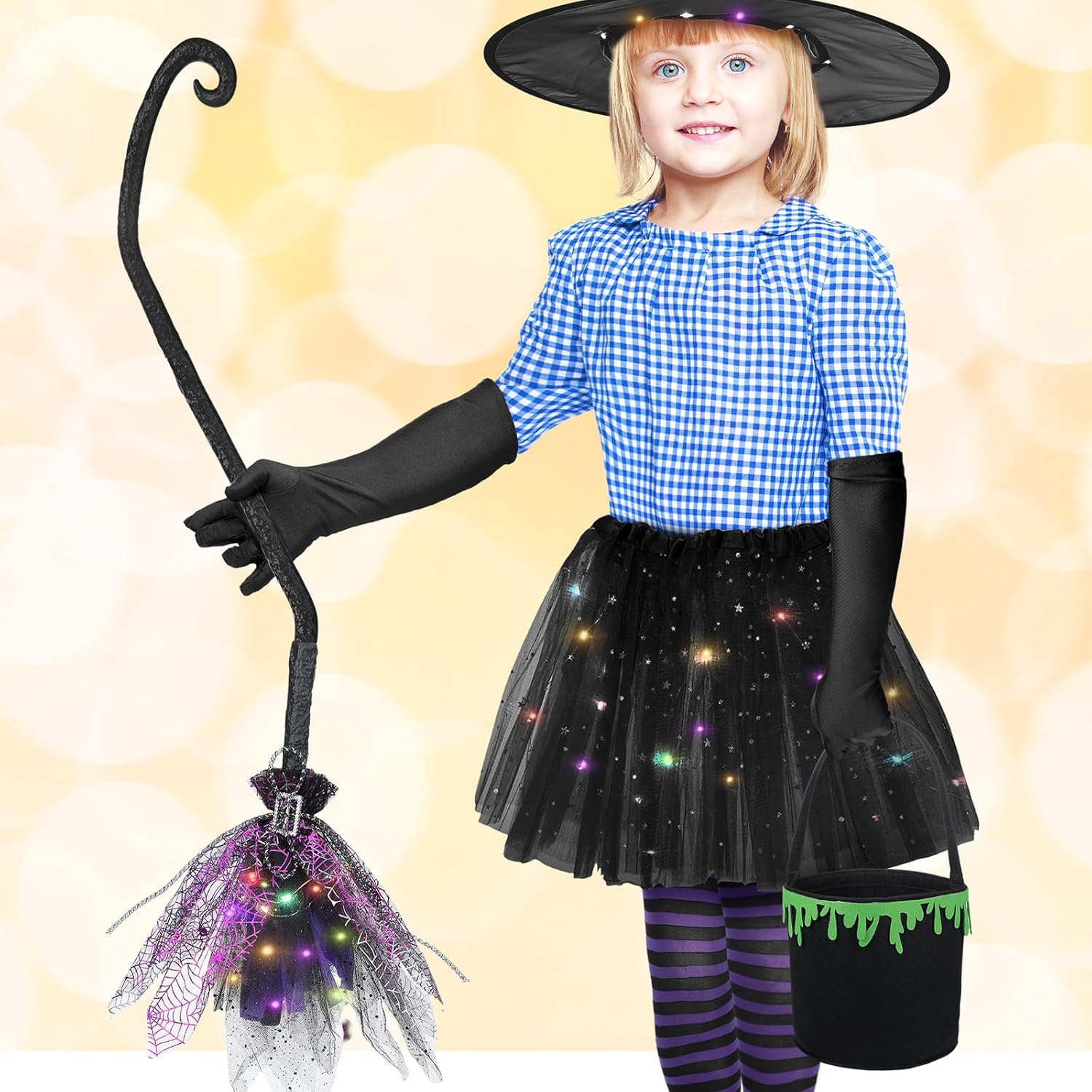 Bonuci Juego de 6 piezas de disfraz de bruja para niños, falda tutú con luz LED, sombrero de bruja, guantes, escoba y medias a rayas, caldero para